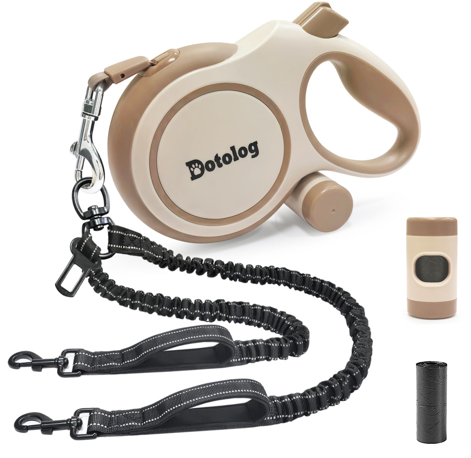 2-in-1 Retractable Dog Leash-Dotolog 26ft Extendable Lead with Bungee Leads for 2 Dogs,Elastic Leash with Dog Safety Harness Buckle, Retractable Lead 8m for Medium Large Dogs (Coffee Brown,8m)
