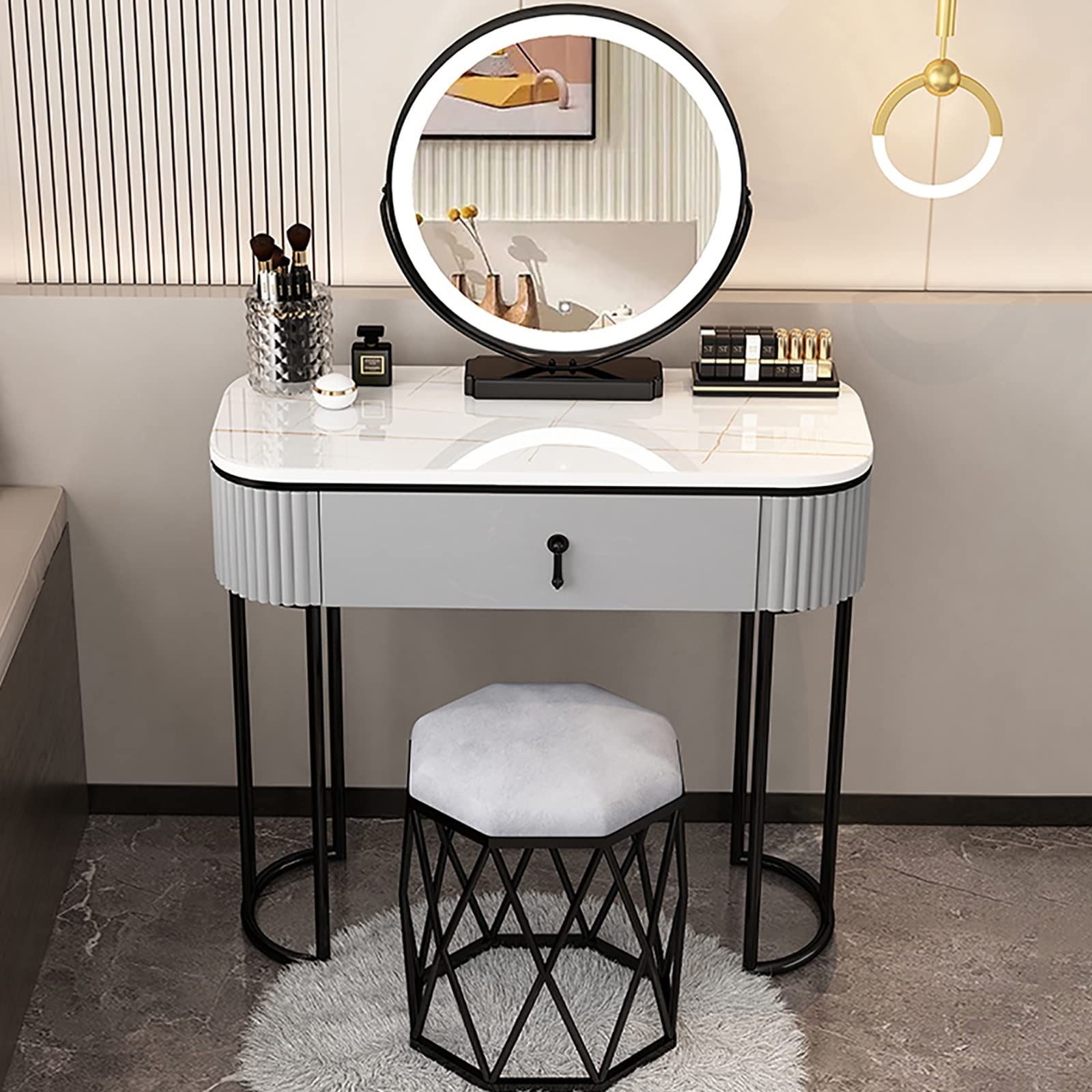 asdchZen Lighted Vanity Desk With Adjustable Brightness-Luxury Makeup Table With 3 Color Modes 2 Drawers 80Cm For Elegant Makeup Experience,C-80cm