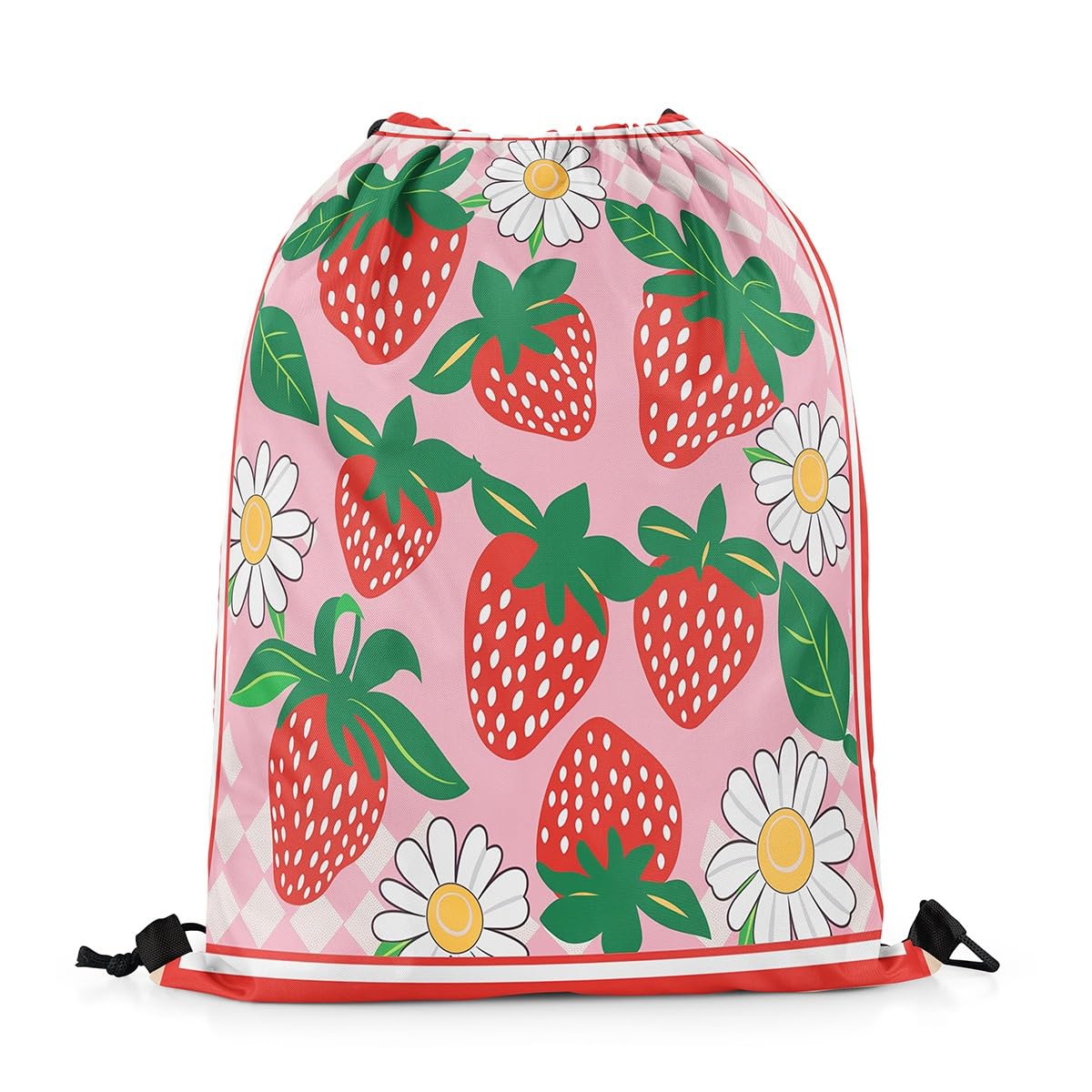 Homewish Red Strawberry Draw String Back Bag 33 x 40 cm White Daisy Flowers Drawstring Bags Geometric Plaid Pattern Drawstring Backpack Kawaii Cute Fruit Floral String Backpack Foldable