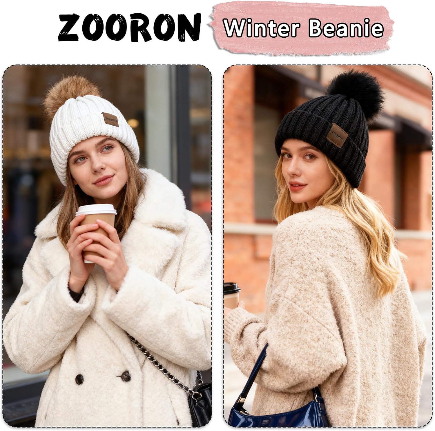 ZOORON Womens Winter Knitted Beanie Hat with Faux Fur Pom Beanie Warm Knit Skull Cap Beanie for Women - Image 2