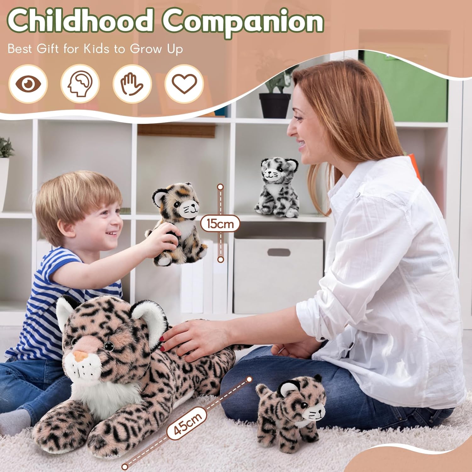 MorisMos Pink Cheetah Stuffed Animal with Babies,18" Large Mommy Leopard with Cub Plushies,Mama & Baby Leopard Stuffed Animals Set,Realistic Cheetah Toys Gift for Girl Kid Birthday Jungle Party Decor