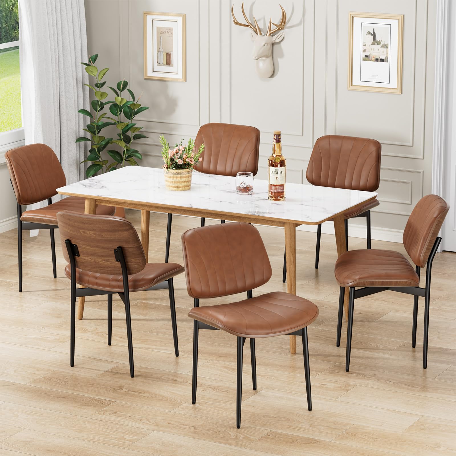 REONEY Dining Chairs Set of 6, Mid-Century Modern Upholstered PU Leather Chairs with Walnut Bentwood Back and Metal Legs Adjustable Feet for Kitchen