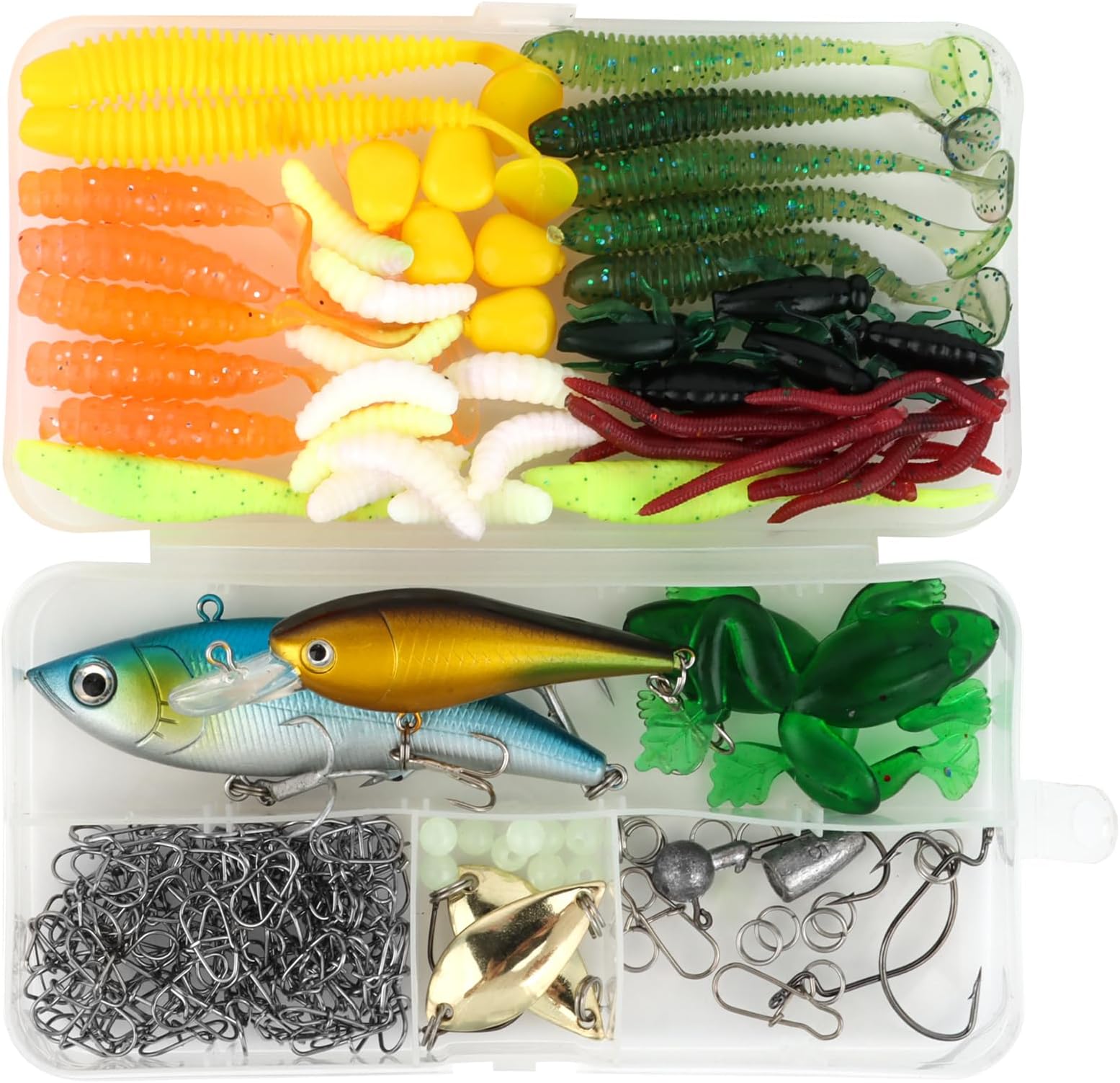 MXTIMWAN 175 Pieces Mixed Fishing Bait, Fishing Bait Set with Fishing Box, Artificial Bait, Fishing Accessories, for Freshwater Saltwater Fishing