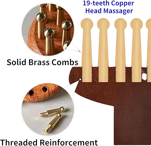 Miniatura 5 de Herramientas de masaje de terapia de madera, 19 dientes, cabeza de cobre, cepillo de presión meridiano de mano, relajación corporal y alivio del