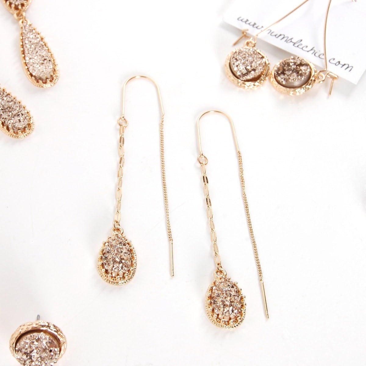 Simulated Druzy Threader Earrings for Women - Gold, Silver, or Rose Gold Tone Long Chain Earrings with Boho Created Geode Stone - Image 3