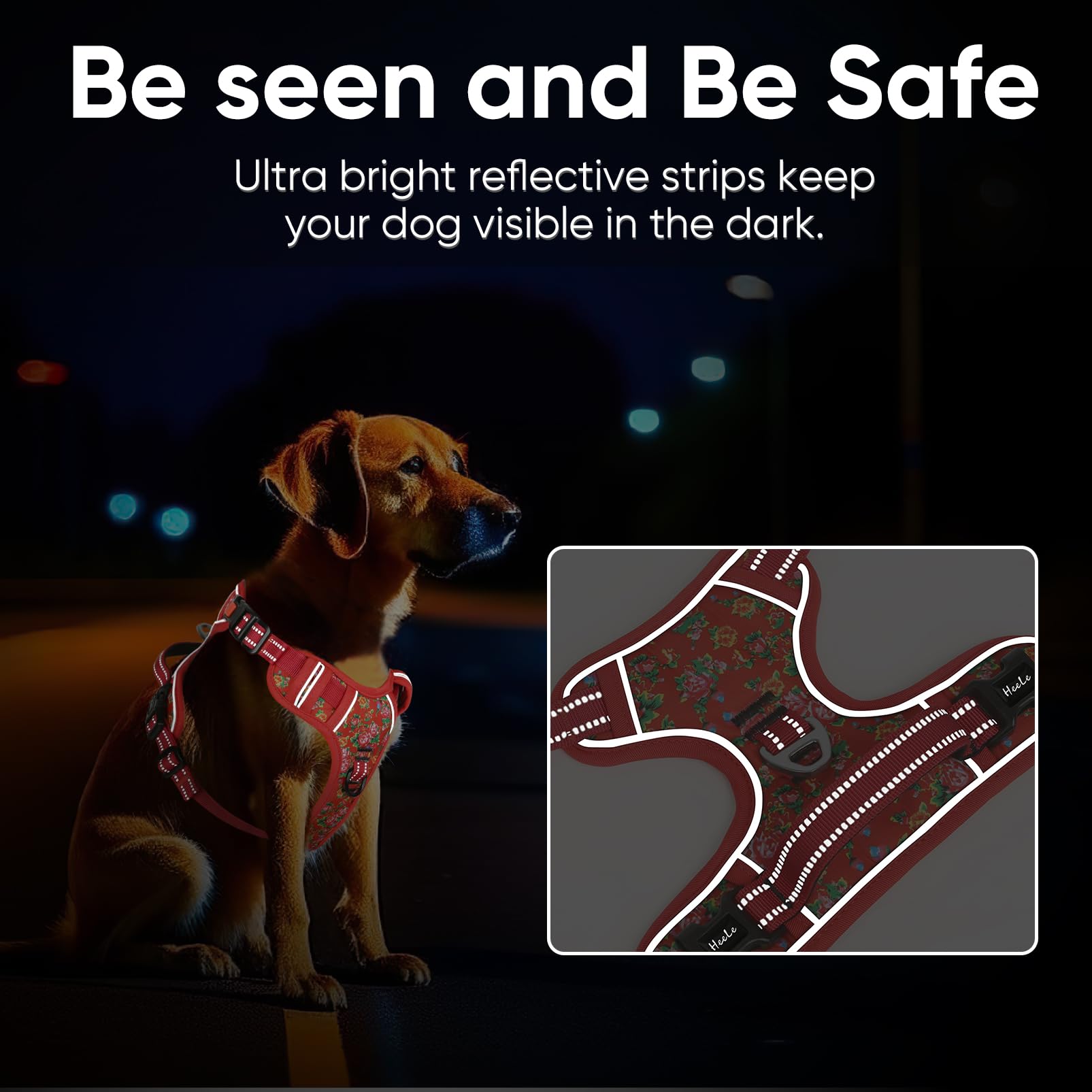 HEELE Pettorina Cane, Imbracatura Sganciata Rapido dal Collo, Pettorina Anti-tiro Riflettente e Regolabile con Maniglia Comoda, Morbida e Imbottita per Cani, Floral-Rosso-Serratura S