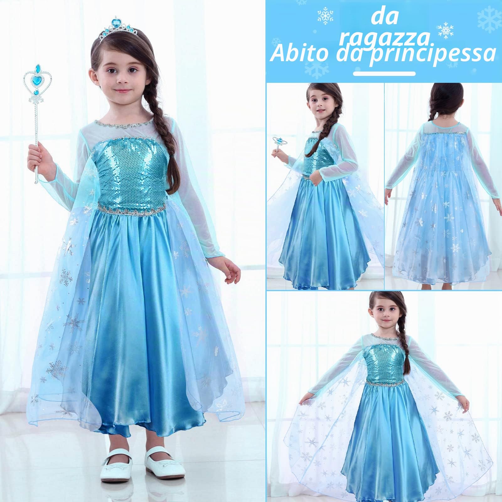 URAQT Vestito Set, Costume Vestito Bambina Principessa, Set da Principessa Corona Bacchetta Guanti Treccia, Cosplay Party Halloween Abito delle Ragazze di Natale Vestito Fantasia(100-150)
