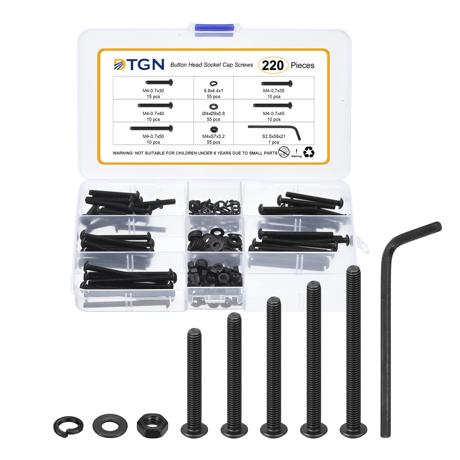 DTGN 220Pcs M4-0.7x30/35/40/45/50mm Button Head Socket Cap Screws - Carbon Steel Bolt Nut Set Washer Assortment Kit & Wrench - Good for Road Bicycle, Mountain Bike, Auto