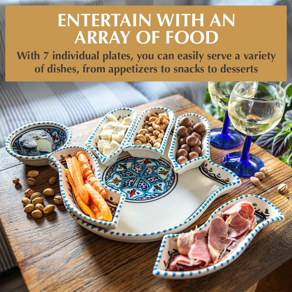 Kamsah Hamsa Serving Platter – 7-Piece Hand-Painted Ceramic Colorful Serving Dishes for Snacks, Appetizers, Dips and More – Moroccon Decorative Platters for Celebrations, Parties and Events