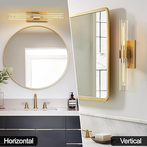 Miniatura 2 de ZHTIECHUI Juego de 2 lámparas de tocador de baño apliques de pared de tubo de cristal base de latón luces de pared de baño luz de pared de mesita de