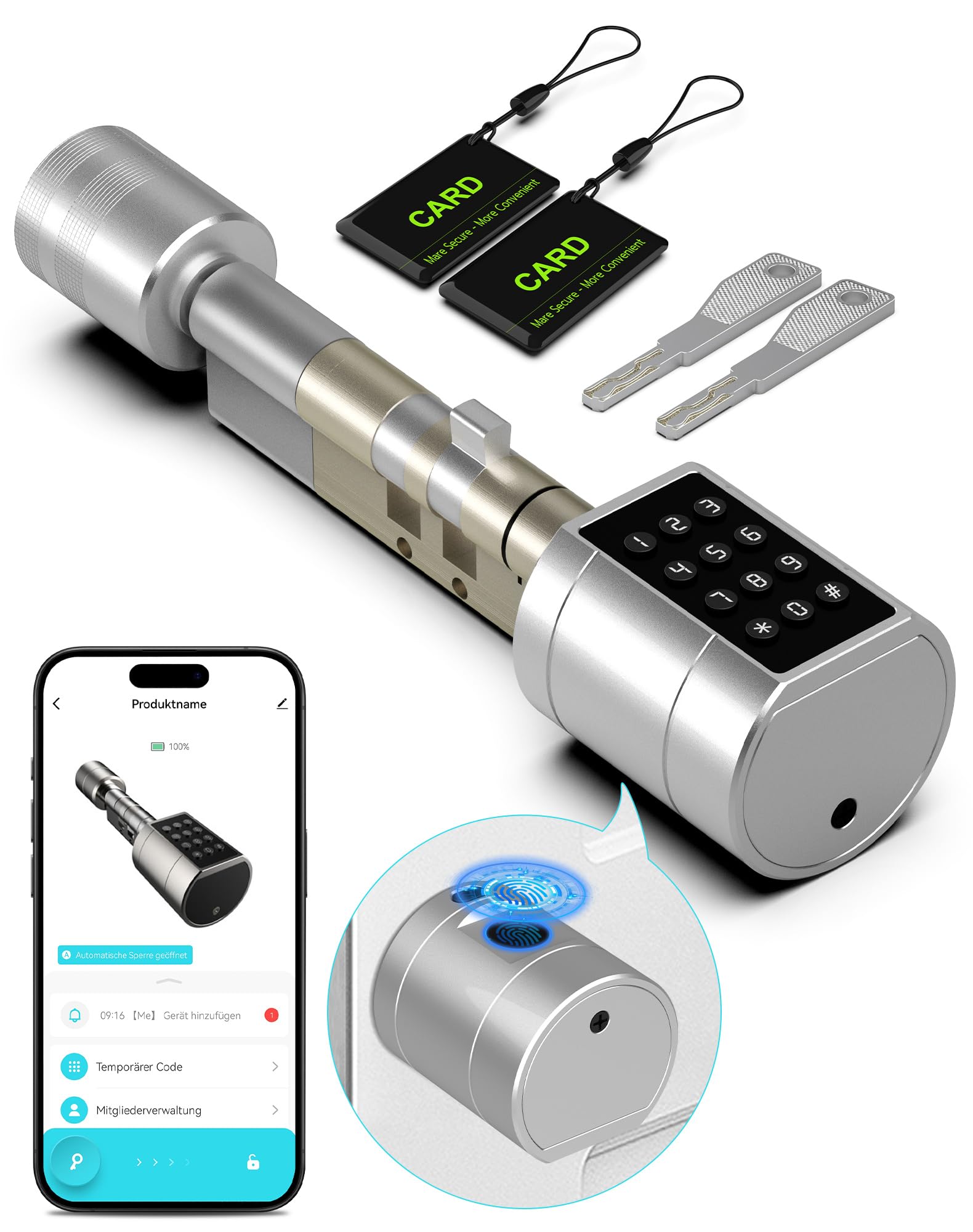 Eseesmart Türschloss Fingerabdruck, Fingerabdruck Schloss mit Zahlencode RFID Schlüssel APP, Elektrisches Smart Türschloss SchließZylinde Einstellbare Länge für 30-60mm Tür