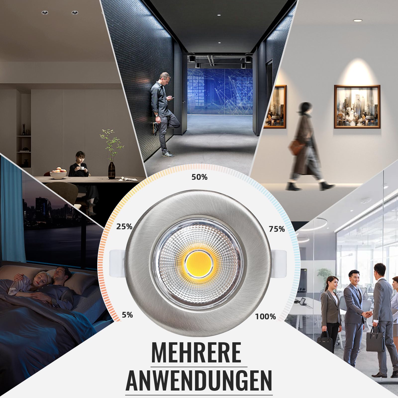 6er LED Einbaustrahler Dimmbar 10W Set Spots Deckenleuchte Flach 33mm LED Spots 230V Rund Gebürstet Edelstahl Einbauleuchten 2700K Warmweiß 850LM für Küche