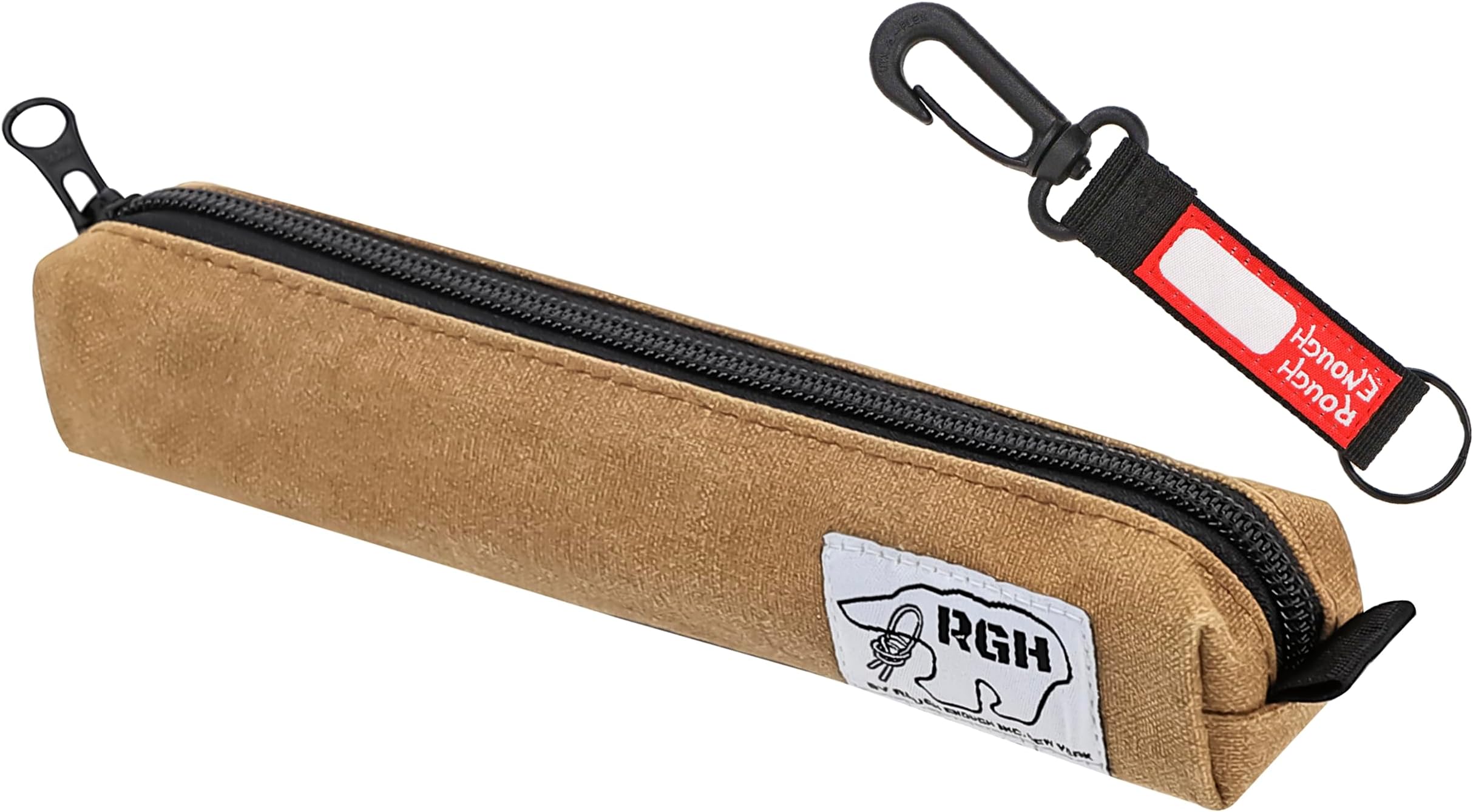 Rough Enough Small Slim Canvas Pencil Pouch Pen Organizer for Boys Girls Adults School Office Travel with YKK Zipper Keychain Brown