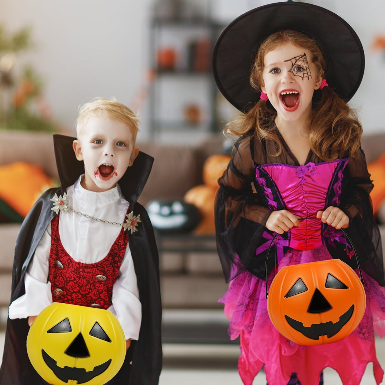Pumpkin Bucket 3Pcs 7x8in Portable Pumpkin Pail with Handle Reusable Halloween Candy Bucket for Trick or Treat, Party Favors, Decor