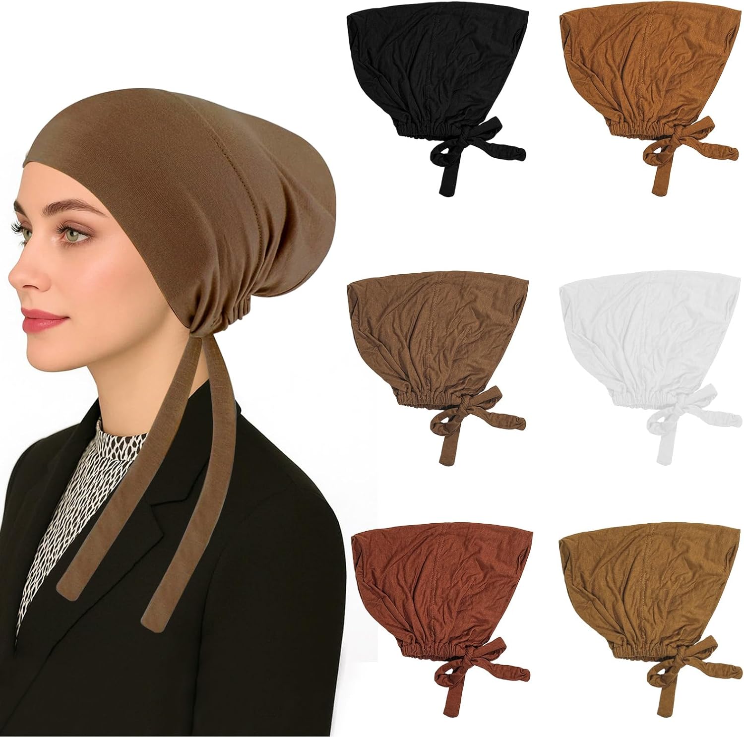6 Pcs Hijab Undercap Scarf for Women Islamic Muslim Under Hijab Cap Inner Under Scarf Hat Turban with Tie Back Closure