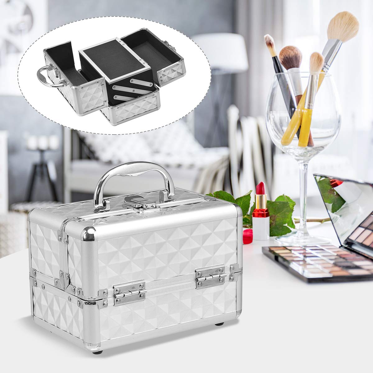 GOPLUS Kosmetikkoffer, Schminkkoffer leer mit Spiegel & 2 ausziehbare Ablagen, Makeup Oragnizer tragbar mit Tragegriff & Verschluss, Beauty Case für Reise, Friseure & Visagisten (Silber)