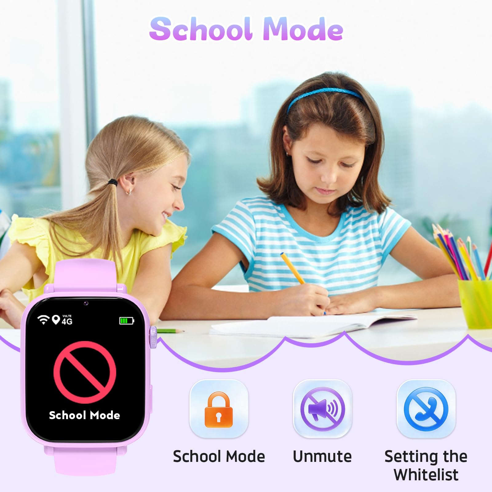 4G Smartwatch Bambini GPS, Orologio Smartwatch per Bambino Bambina con Telefono, Videochiamata Chat Vocale Contapassi Camera Modalità Classe, Smart Watch Ragazza e Ragazzo 4-12 Anni (Lavanda-S2)