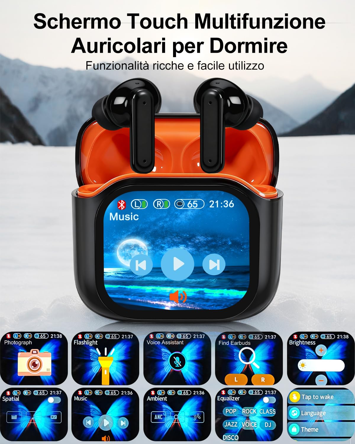 Cuffie Bluetooth con Touchscreen, Auricolari In-Ear Senza Fili, Auricolari Bluetooth 5.4, con Cancellazione Del Rumore ANC+ENC, IPX7 Impermeabili, Immersiver Deep Bass Nero Arancione