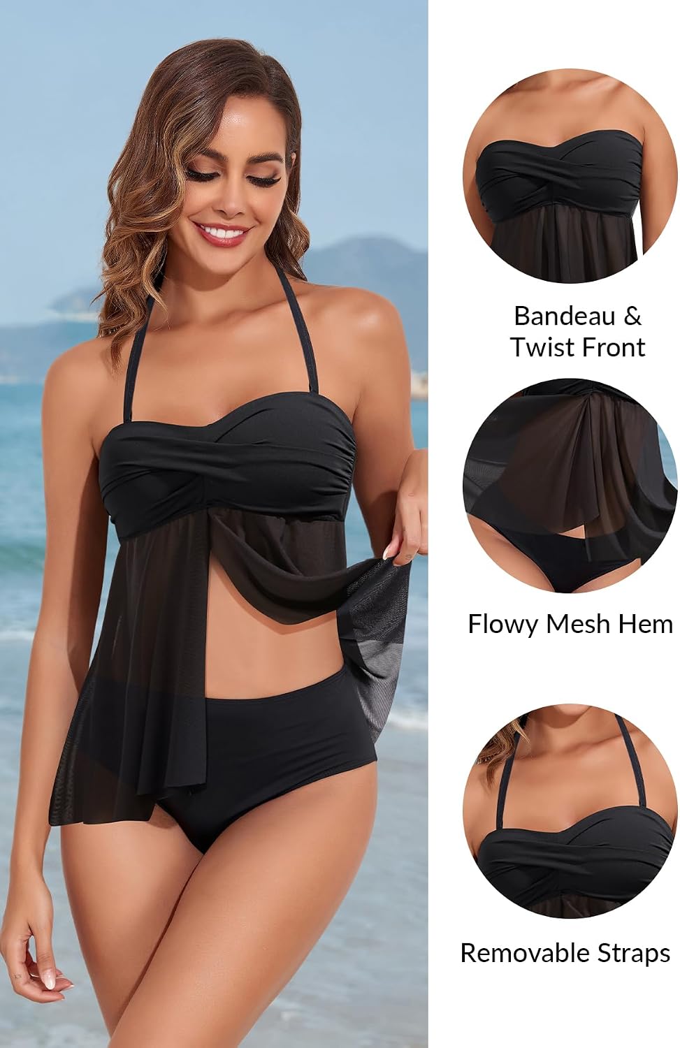 Talisea Women Bandeau Tankini Top Only Mesh Strapless Swimsuits Top Halter Flyaway Bathing Suits No Bottom