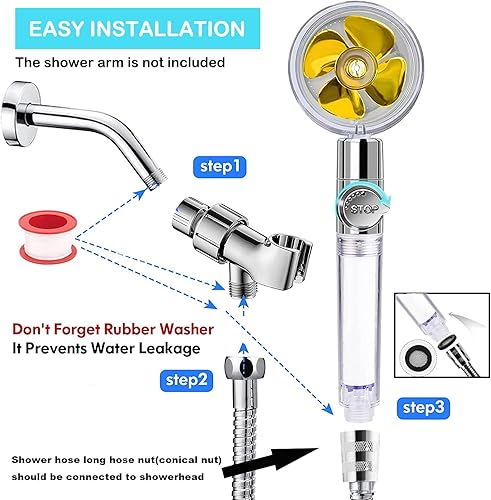 Miniatura 5 de Hydro Jet - Cabezal de ducha de alta presión con ventilador turbo de mano con manguera de repuestosoportefiltros de algodón y lufa de baño