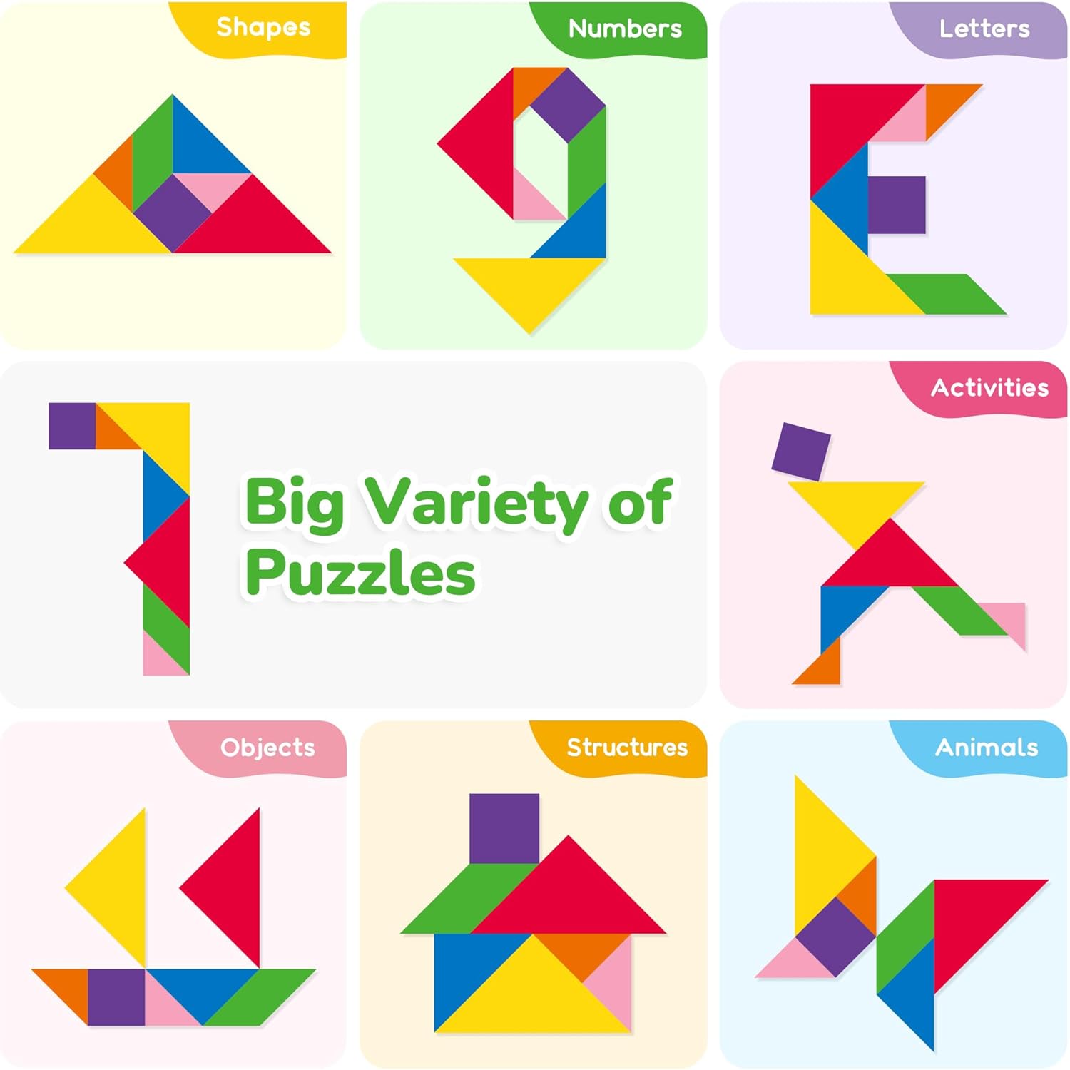 BenBen Travel Tangram Puzzle with Magnetic Wooden Shapes, Extra Large Dual-Sided Magnet Surface, Color Pattern IQ Book, Road Trip Car Plane Game, Educational STEM Travel Toys for Kids Adults