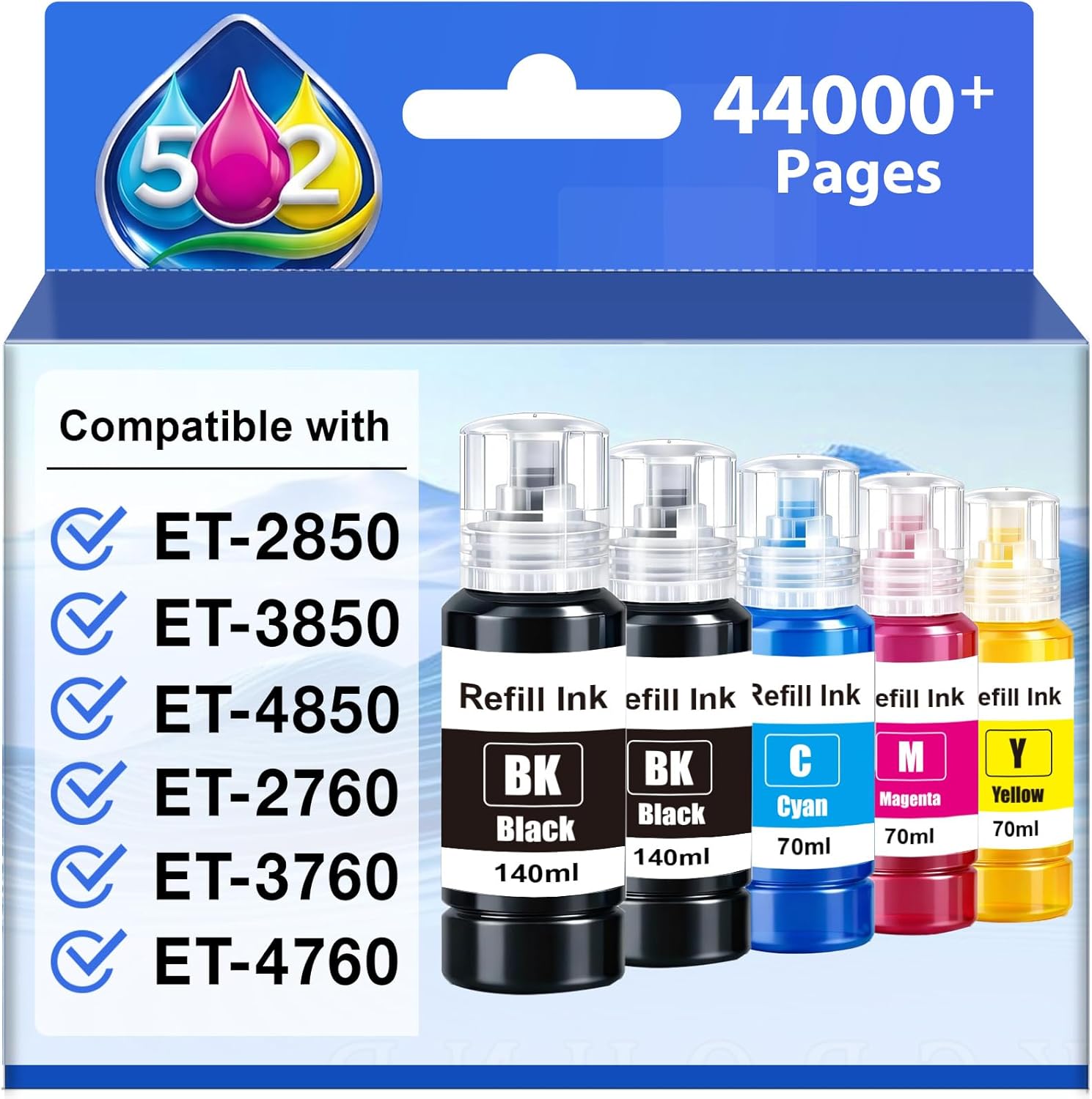 Replacement for Epson 502 Ink Refill Bottles High Capacity, Work with Epson EcoTank ET-2850 ET-3850 ET-4850 ET-15000 ET-3760 ET-2760 Printers, Replacement for Epson 502 Ink (5-Pack,2BK,CMY)