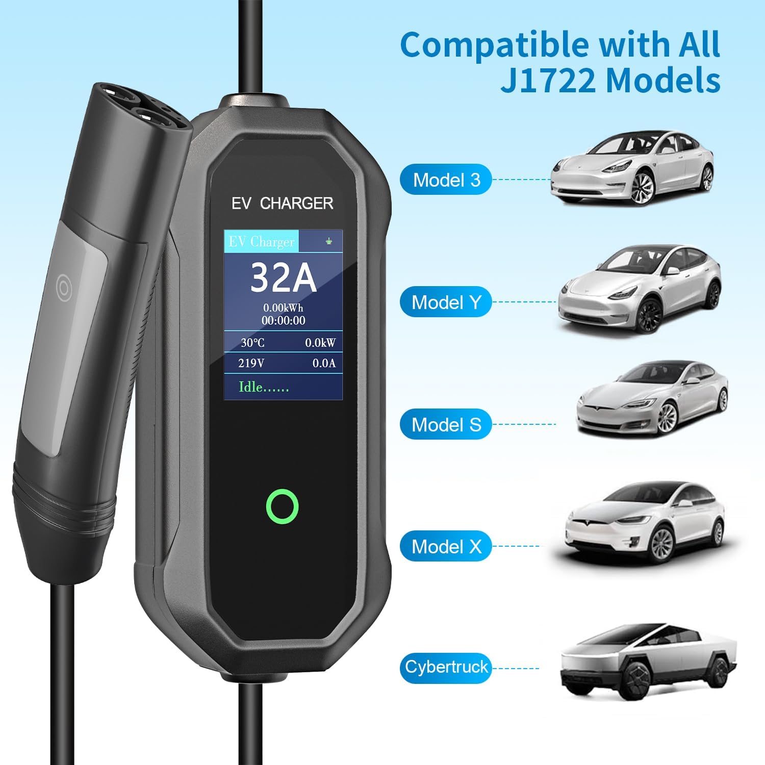 32A Portable Charger for Tesla Model Y/3/S/X with 28ft Cable, with 240V NEMA 14-50P & 6-20 Plug, 240V NEMA 14-50 Adapter, NACS Connector,Level 1/2 EV Charger fits Tesla