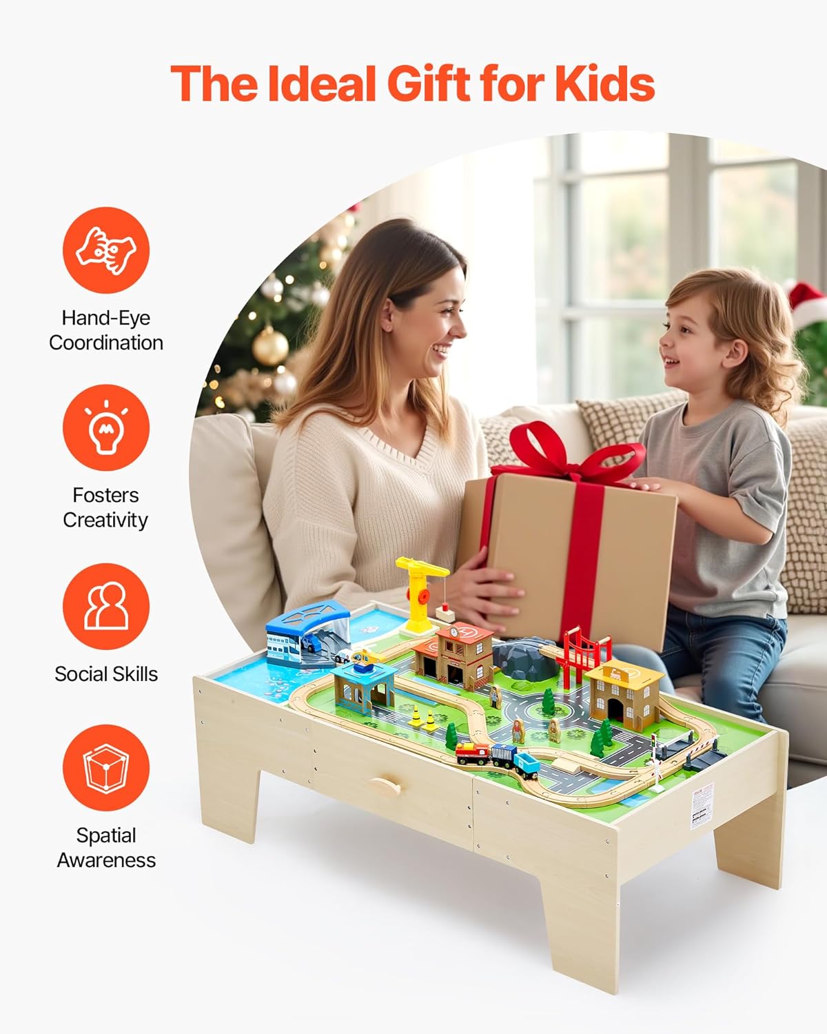 VEVOR Train Table, 62 Multicolor Pieces Wooden Kids Activity Table with Large Storage Drawer, 3-in-1 Wooden Train Set for Playing, Drawing, Reading, Eating, Creative Toy Set for Kids Ages 3+