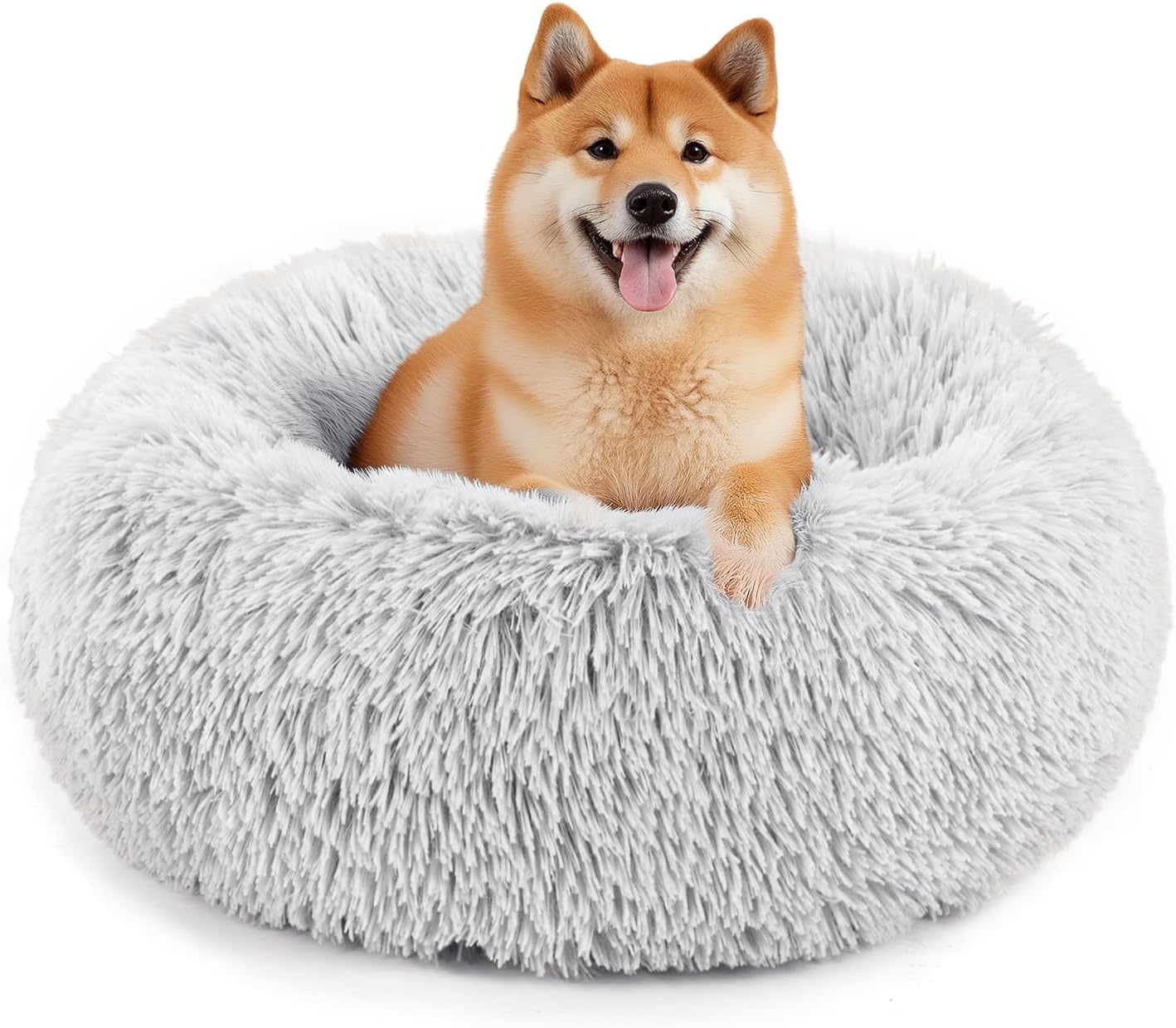 Sweetcrispy Calming Donut Dog & Cat Bed, Machine Washable Cuddle Warming Cozy Fluffy Faux Fur Plush Round Anti-Anxiety Waterproof Anti-Slip Pet Sleeping Sofa for Small Medium Animals, Grey, 24 inches