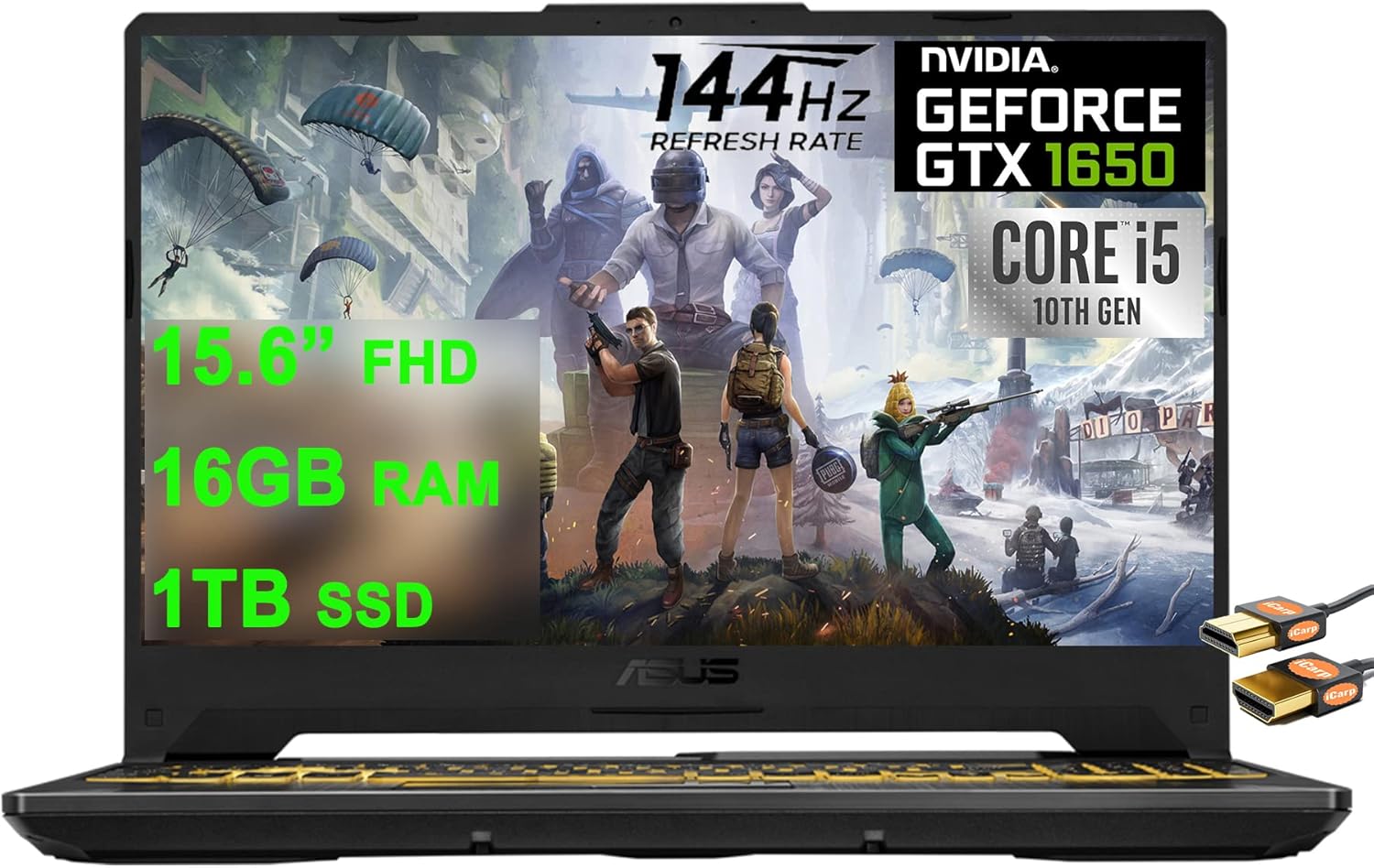 ASUS TUF F15 Gaming Laptop 15.6 FHD 144Hz Display 10th Gen Intel Quad-Core i5-10300H (Beats i7-8750H) 16GB RAM 1TB SSD GeForce GTX 1650 4GB Backlit USB-C Win10 + HDMI Cable 16GB RAM | 1TB SSD