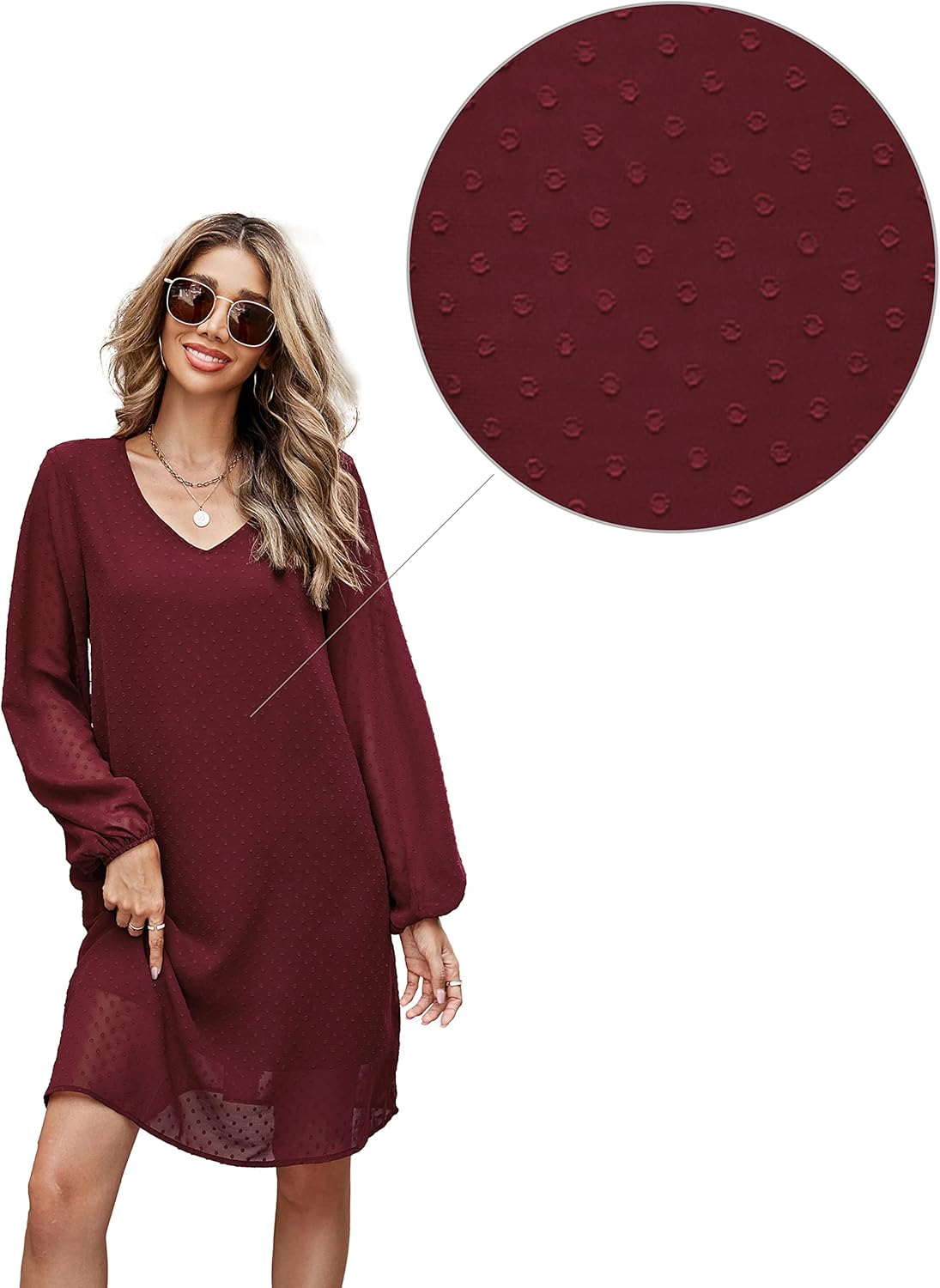 Amoretu Women's V Neck Short Dress Long Sleeve Wedding Dresses (Burgundy, L) - Image 4