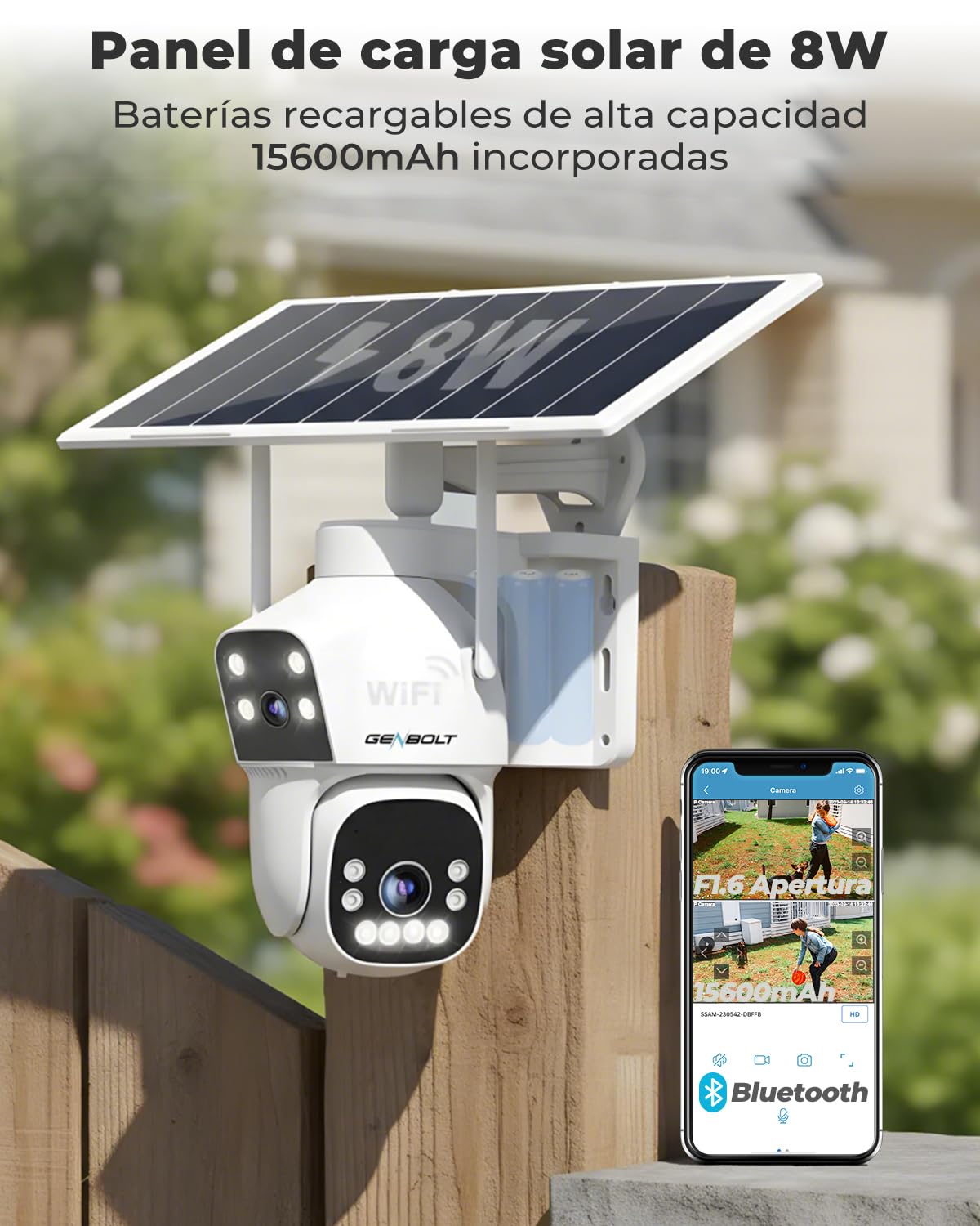GENBOLT 2.5K AOV WiFi Solar Cámara Vigilancia Exterior Inalámbrica, Grabación 24/7 3MP+3MP Cámara IP Seguridad Exterior con Detección de IA Batería 15600mAh 8W, CCTV Cámaras Seguridad WiFi 2.4&5GHz