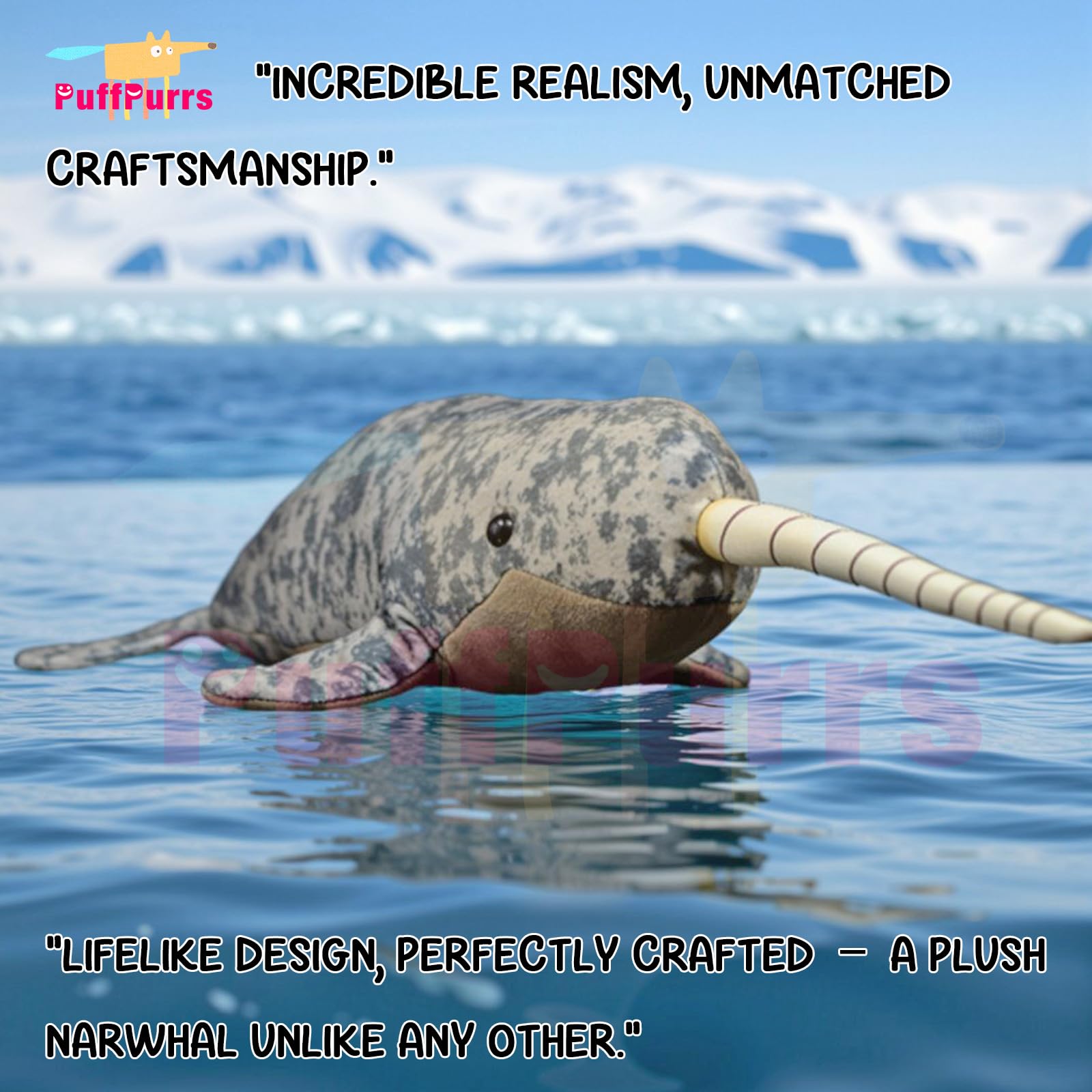 PuffPurrs Lifelike Narwhal Plush Toy, Realistic Monodon monoceros Teddy Stuffed Animal, Arctic Whale Unique Toy Gift, 15 Inch - Image 2