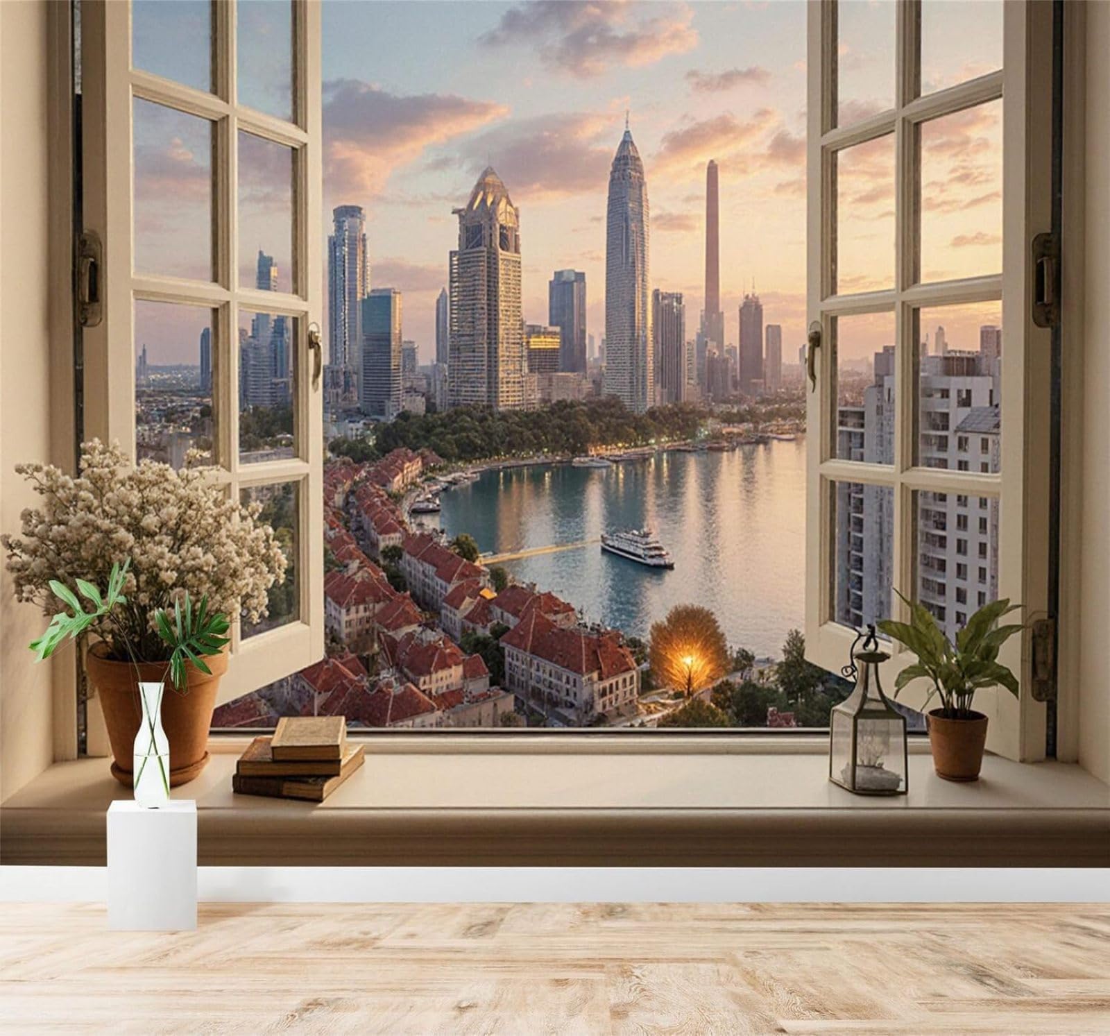 XLMING Window Overlooking The City Sunset Seaside Scenery 3D Wallpaper Silky Texture Home Study Office Grey Dining Room Sofa Bedroom Living Room TV Backdrop-350cm×256cm