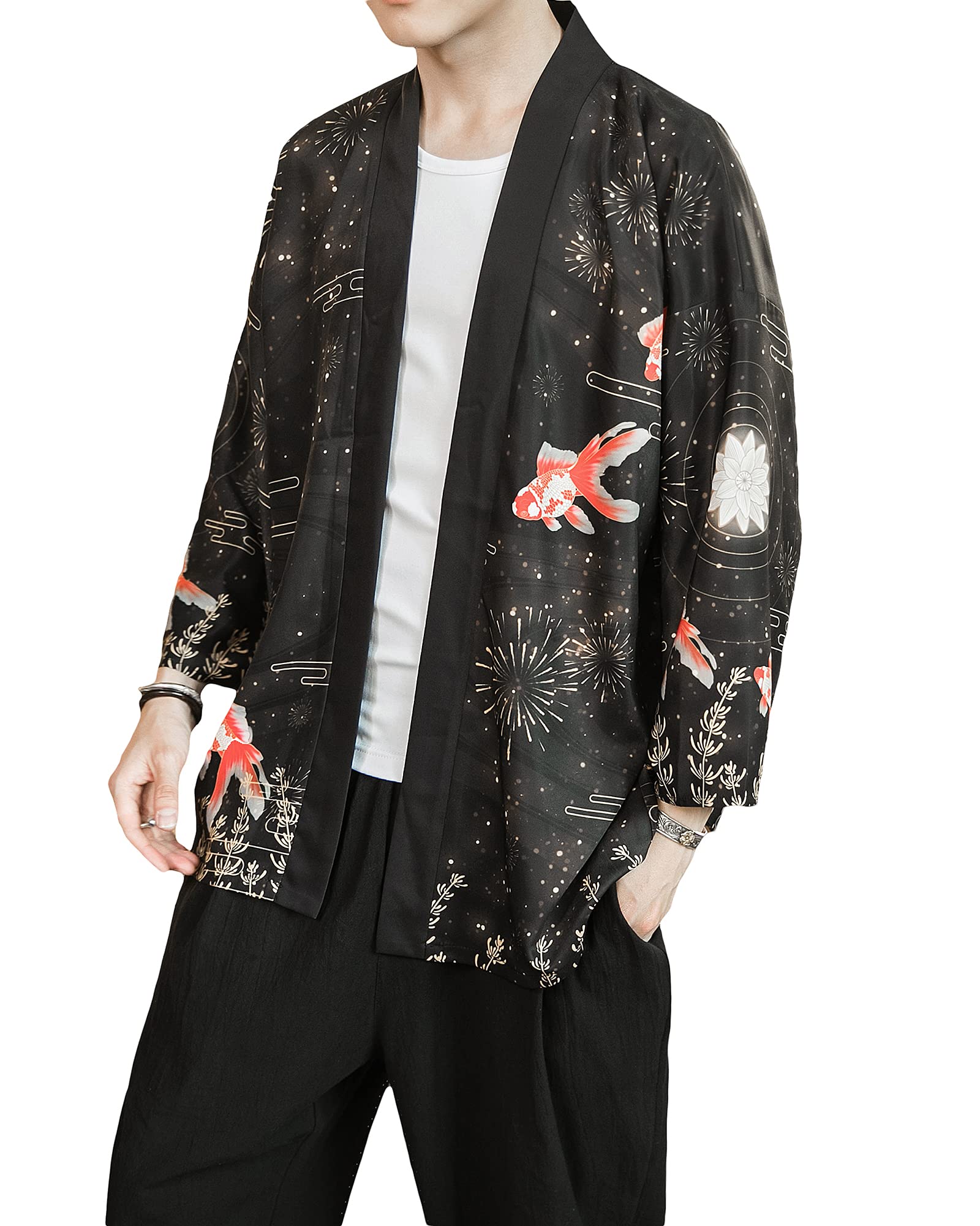 PRIJOUHE Men's Kimono Cardigan Jacket Japanese Style Flying Crane Seven Sleeves Open Front Coat