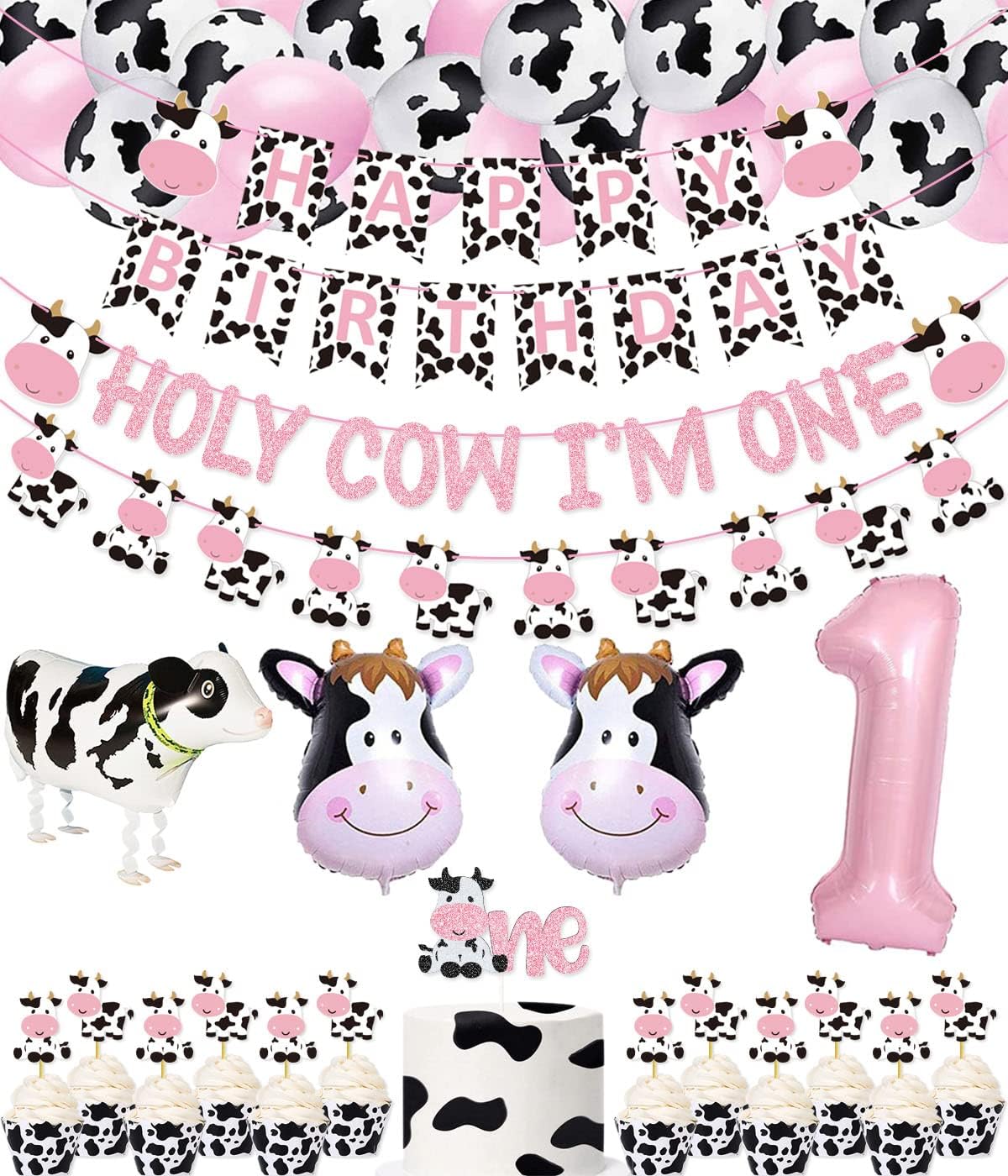 62 Packs Cow 1st Birthday Party Kit Holy Cow I'm One Banner Happy Birthday Banner One Cake Topper Cow Cupcake Toppers Cow Mylar Balloons for Farm Animals Cow First Birthday Party Decorations