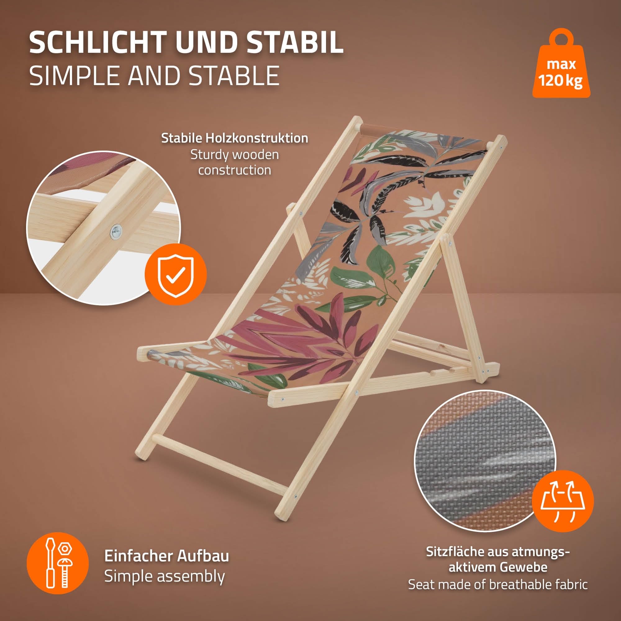 ECD Germany Zestaw 2 Lezak Skladany Drewniany plazowy Floral brazowo-czerwono-zielony do 120 kg z 3-stopniowa regulacja oparcia krzeslo relaksacyjne balkon taras ogród komfortowy stabilny i praktyczny