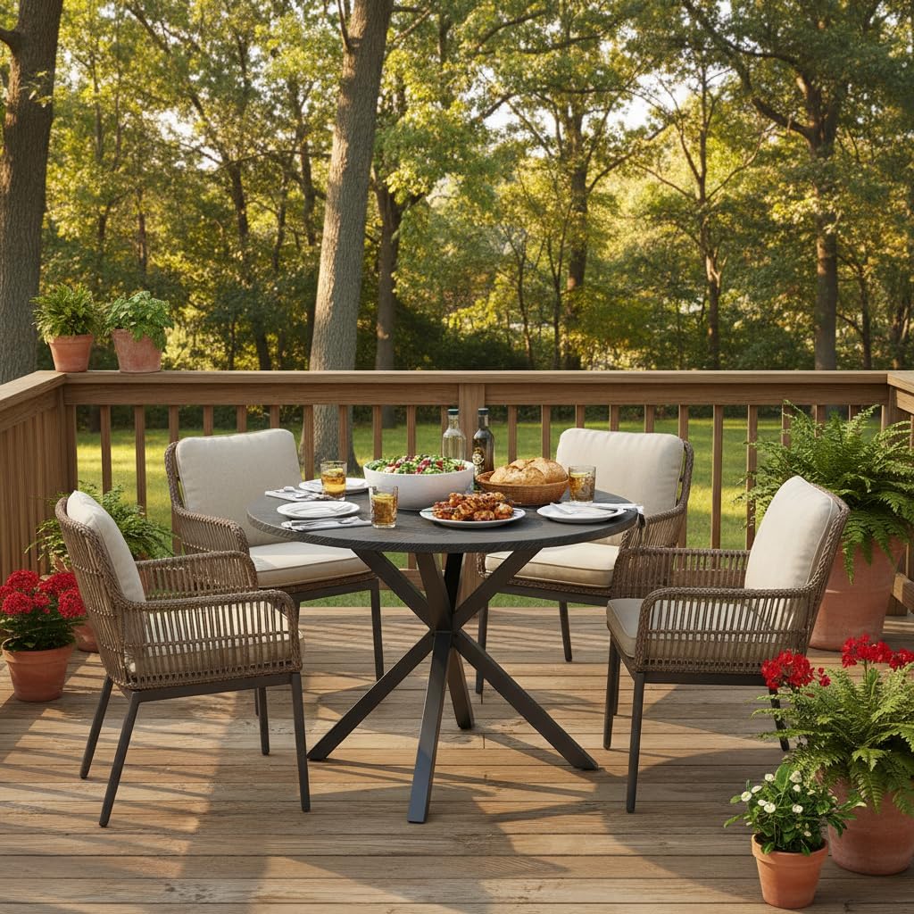 Tangkula 34-Inch Metal Round Patio Dining Table for 4, Heavy Duty Outdoor Metal Frame Dinner Table with Wood-Like Top & X-Shaped Legs, Outside Bistro Table for Deck, Balcony, Backyard, Lawn & Garden