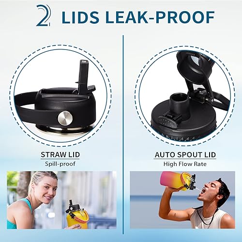 Miniatura 3 de Botella de agua aislada de 64 onzas  con pajilla, tapas de boquilla, funda para botella y asa de paracaídas, botella de agua de metal para