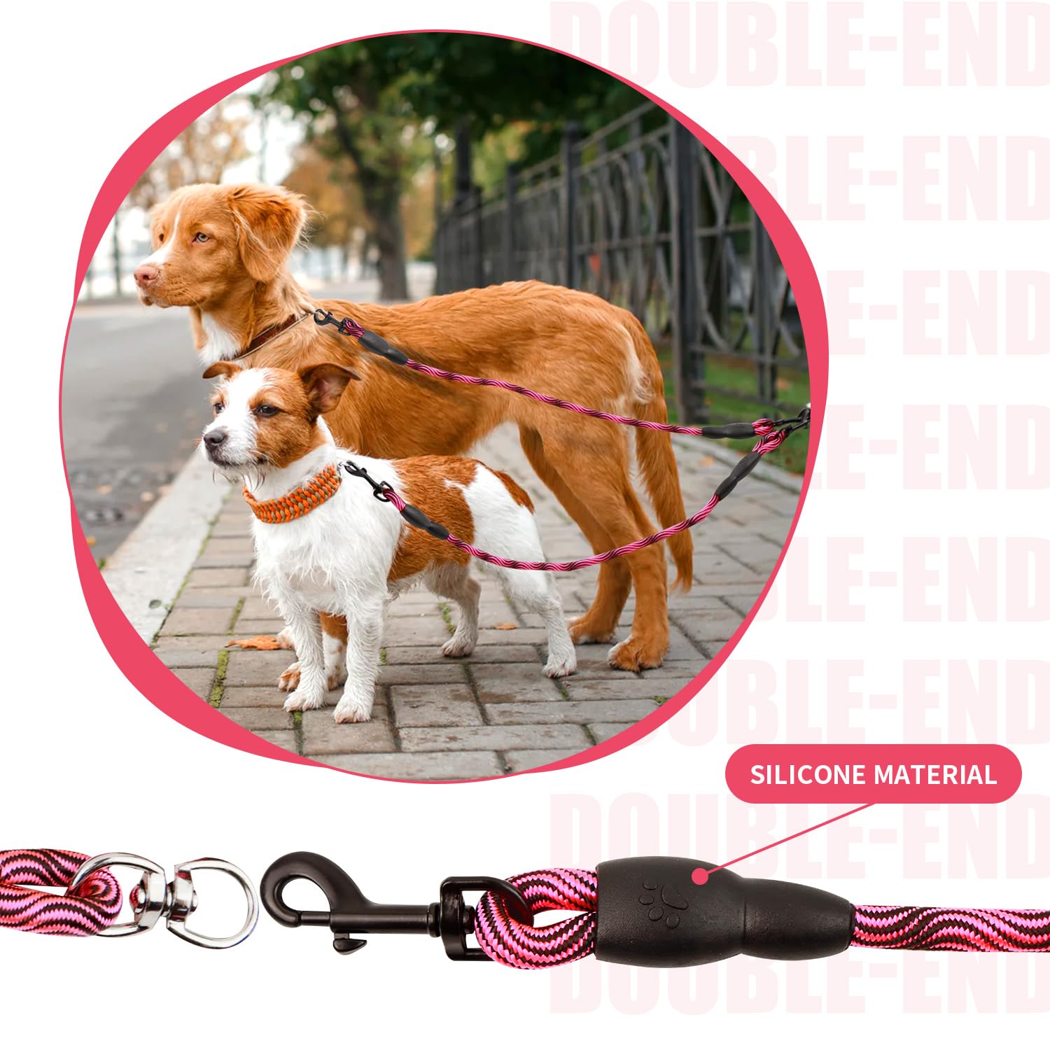 Momgyaamz Double Dog Leash, Tangle-free, Detachable, For Small & Medium Dogs, Pink, 150 cm, roses - Image 3