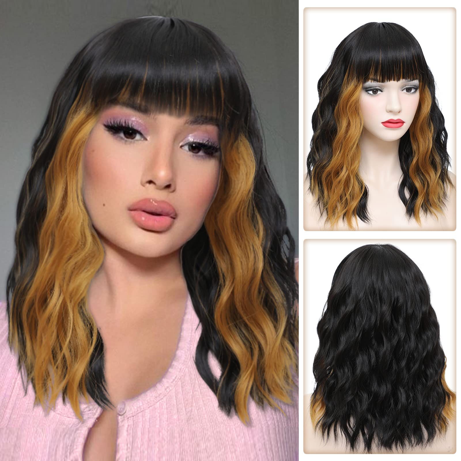 Synthetic Bob Wig with Bangs Wavy Layered Shoulder Length Party Daily Wear Amazon.com: AGO Pink Wigs Short Wavy Hair Pastel Bob Wig  main image 4
