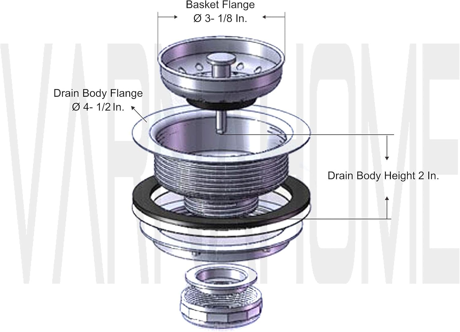 Standard 3-1/2 Kitchen Sink Stainless Steel Drain Assembly with Strainer Basket Stopper/CSA Approved
