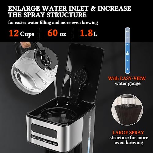 Miniatura 8 de Taylor Swoden Cafeteras programables de 12 tazas, cafetera caliente y helada, 4 de fuerza de preparación, pantalla LED, temporizador de 24 horas,