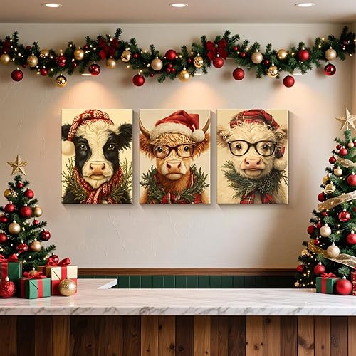Miniatura 2 de Juego de 3 lienzos de pared de Navidad, imágenes únicas de vacas de las tierras altas, decoración navideña para el hogar, pinturas rústicas