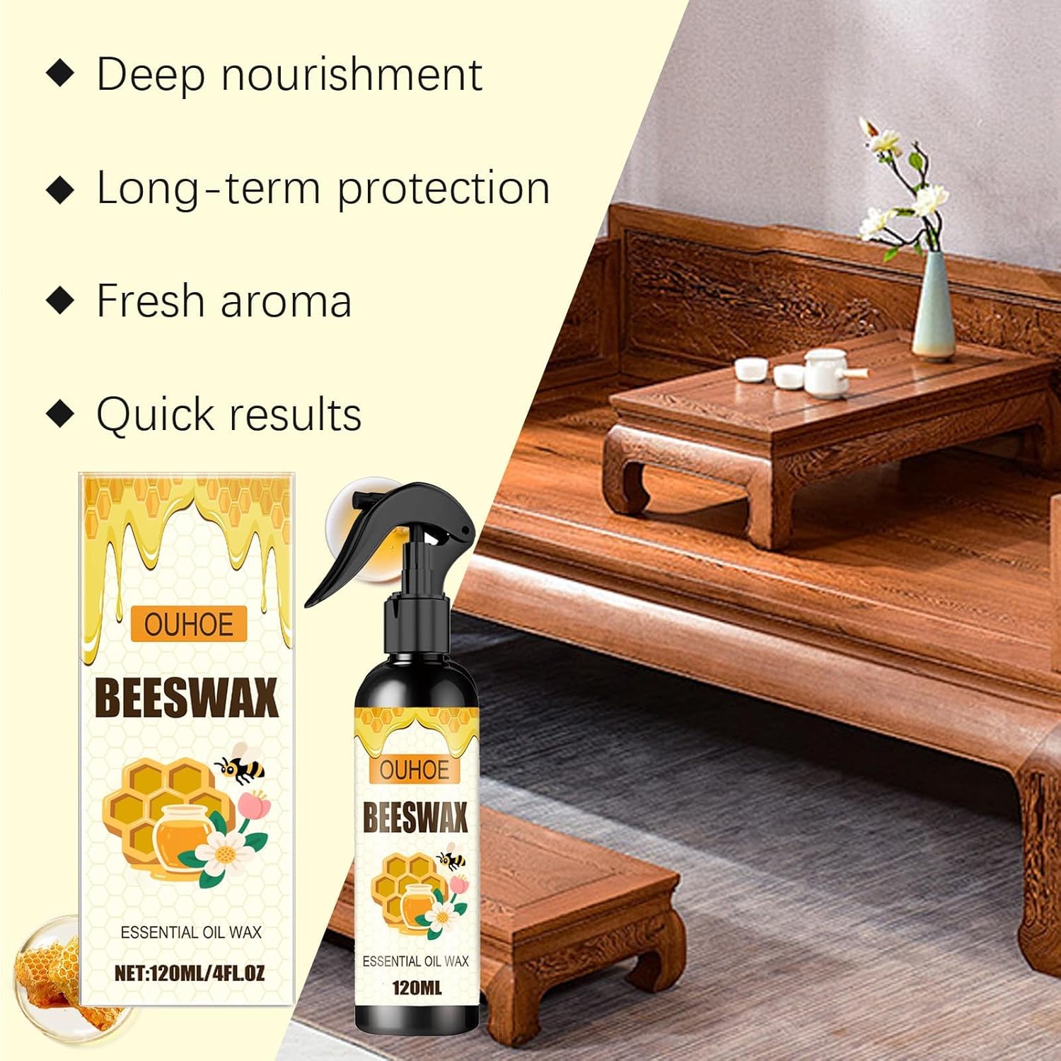 Beeswax Spray, Beeswax Wood Polish, Natural Bees wax Care Spray & Restorer, Natural Micro-Molecularized Bees wax Spra for Living Rooms,Kitchens,Wood Furniture Floors - 120ML (3)