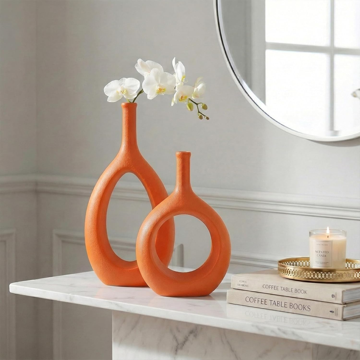 Orange Ceramic Hollow Elliptical Vase Set of 2 - Boho Circle Vase with Hole, for Modern Orange Table Decor, Living Room Decor Shelf mid Century Modern Home Entrance Decorative vase
