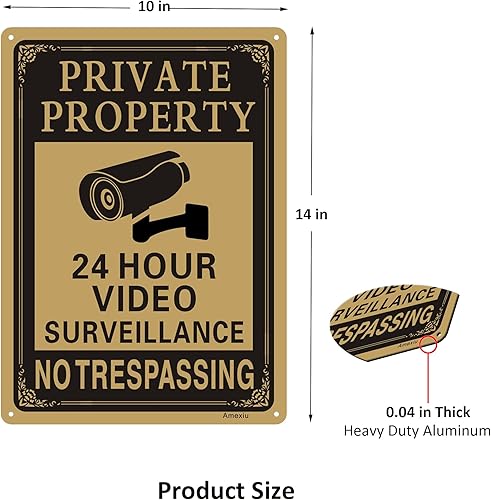 Miniatura 2 de Paquete de 2 letreros grandes de propiedad privada sin trespassing  Señal de advertencia de videovigilancia las 24 horas  14 x 10 pulgadas de