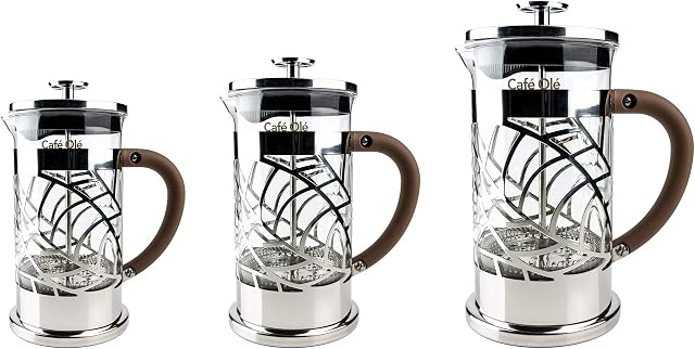 Café Olé BM-03C Floral Cafetière, 350ml 1 Cup 18/10 Stainless Steel French Press Coffee Maker, Silver