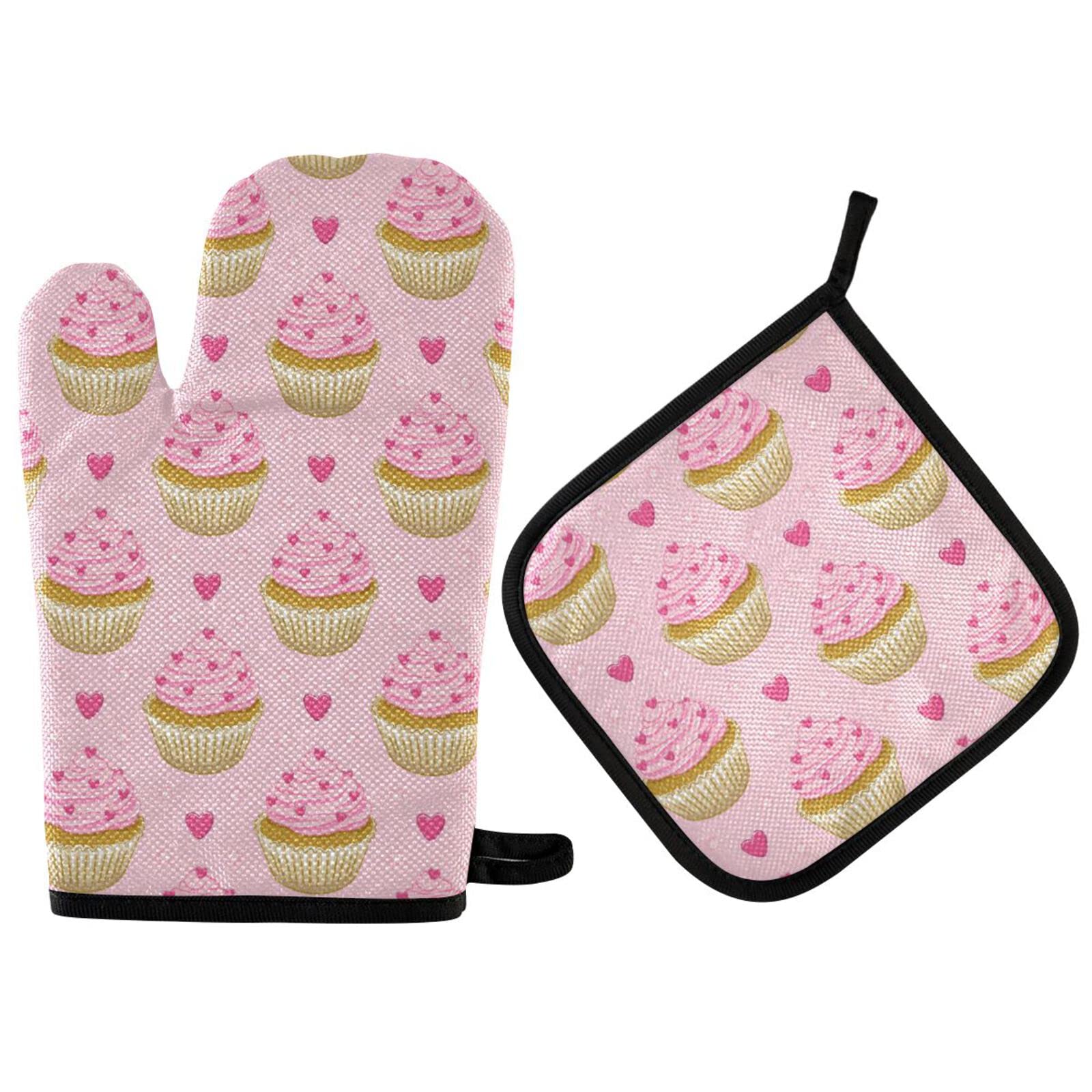 ZZXXB Cupcake Love Heart Oven Mitts and Pot Holders Set of 2 Heat Resistant Non-Slip Kitchen Gloves for Cooking Baking Barbecue Grilling