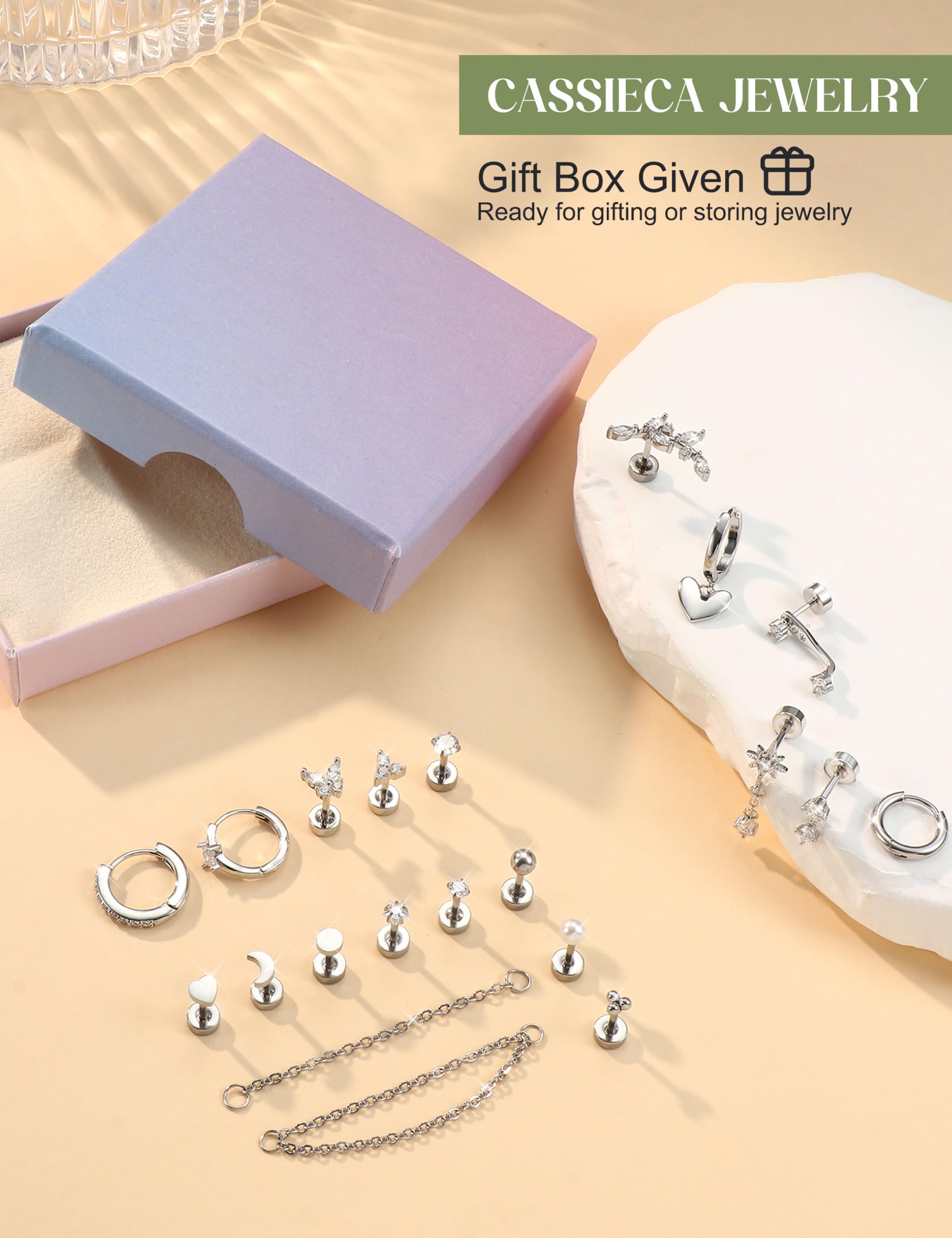 CASSIECA 21Pcs Orecchini Donna Acciaio Chirurgico Piercing Orecchio Orecchini Anallergici Donna Piercing Helix Trago Ipoallergenica Multi Piercings